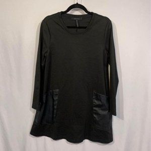 BCBG Womans Crew Neck A Line Dress. Long Sleeves. Large Faux Leather Pockets.